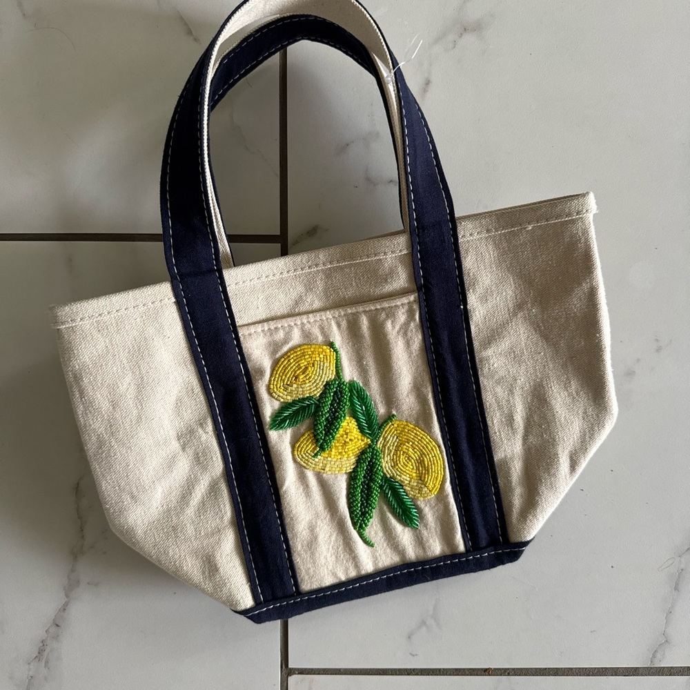 Anthropologie Cream Canvas Tote beaded lemon design - Picture 4 of 4